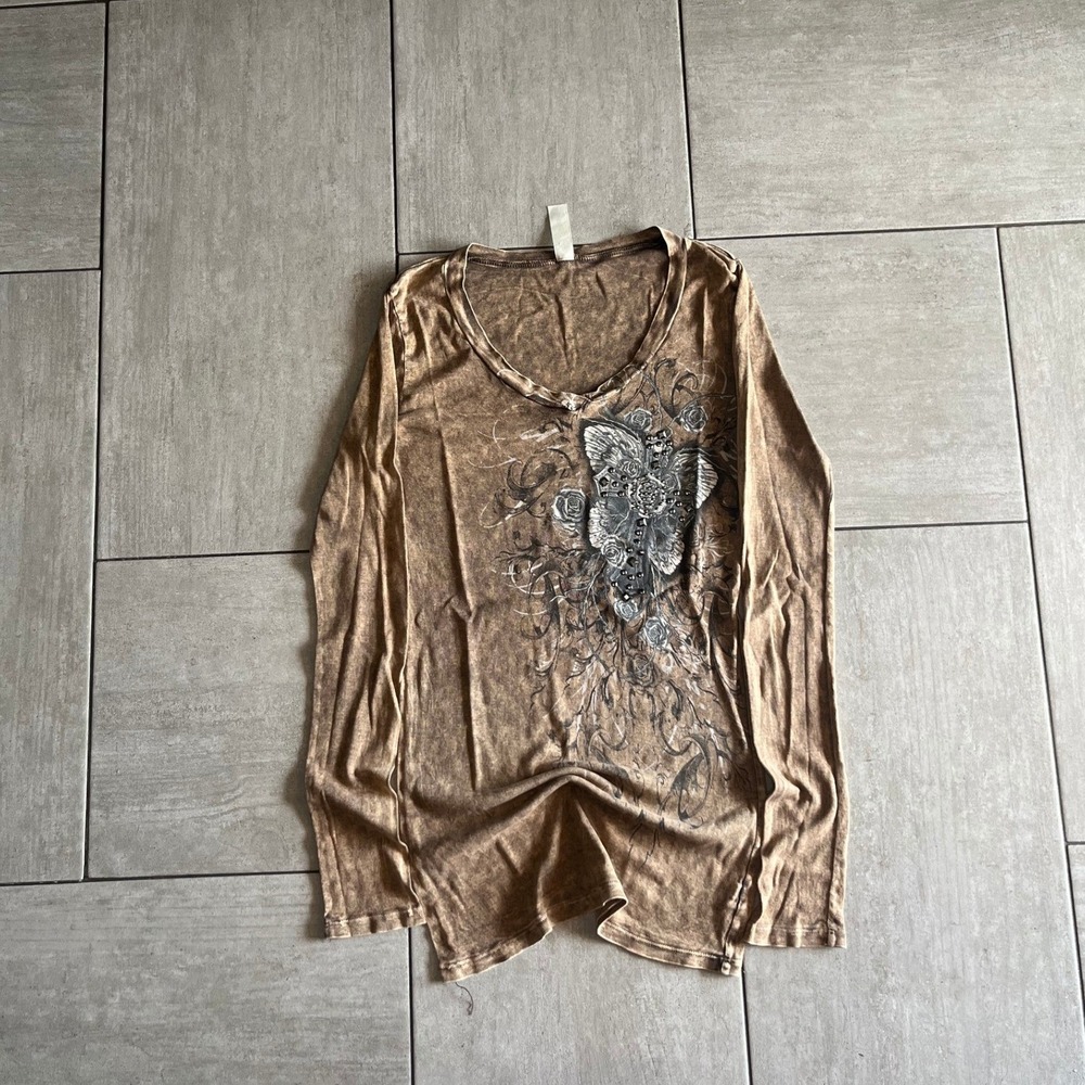 Hottie Acid Wash Butterfly Cross Graphic Long Sleeve Studded Top Brown L